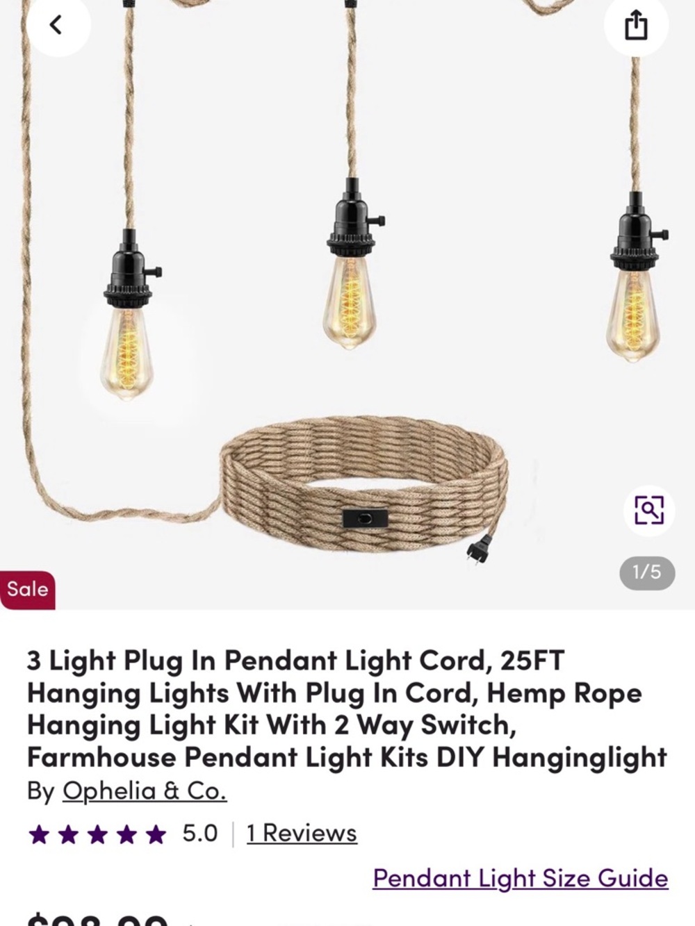 Ophelia & Co. Hemp Rope 3-Light Plug-In Pendant Kit - Natural Brown